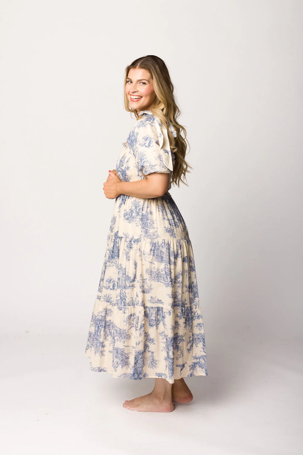 Elena 100% Cotton Toile Print Smocked Midi Dress in Blue - Bump Friendly - Image 3