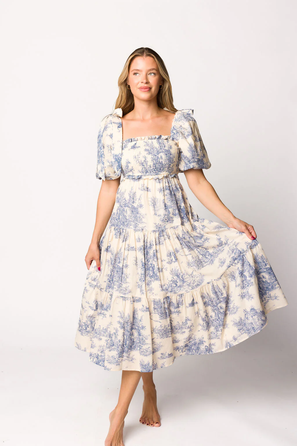 Elena 100% Cotton Toile Print Smocked Midi Dress in Blue - Bump Friendly - Image 4
