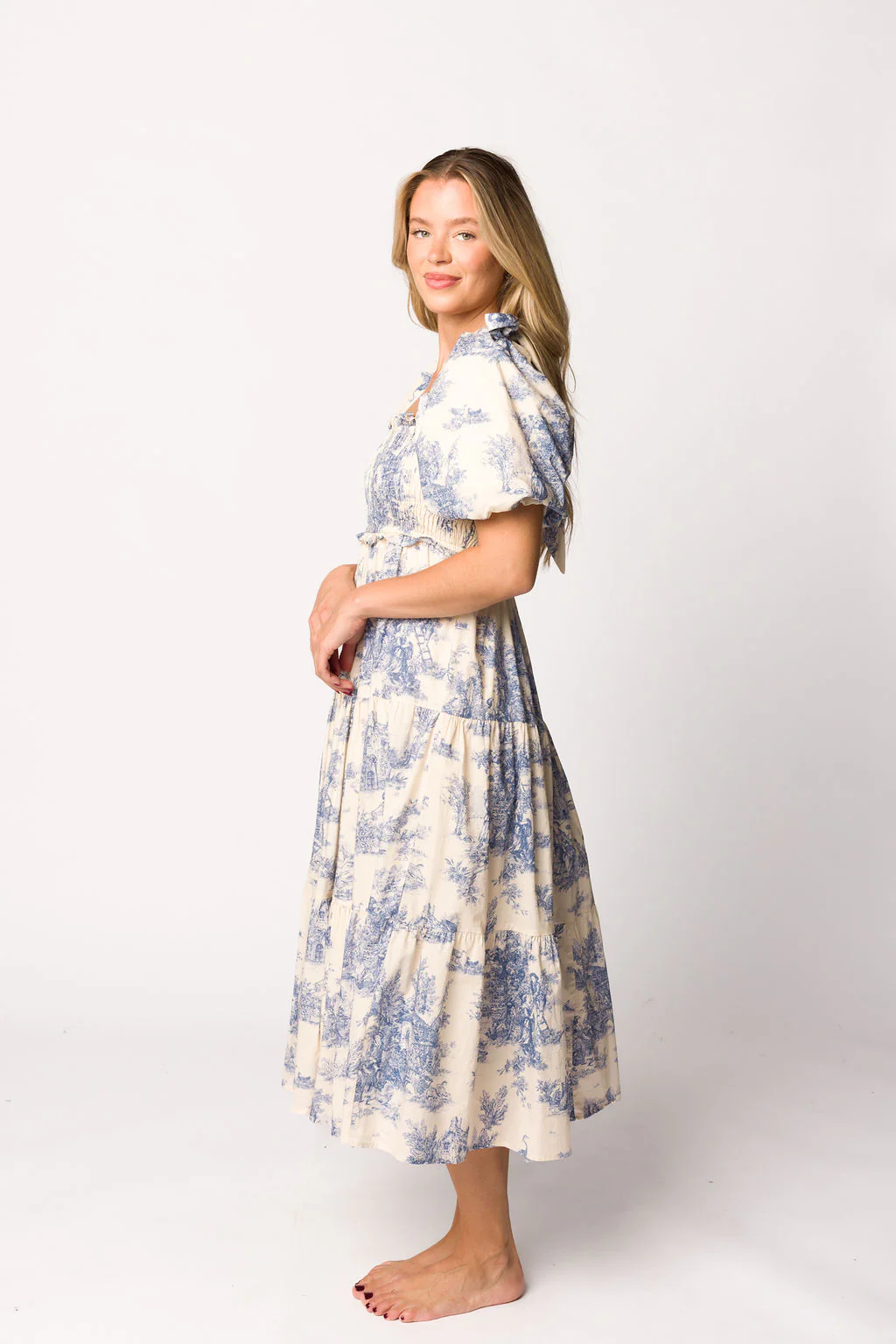Elena 100% Cotton Toile Print Smocked Midi Dress in Blue - Bump Friendly - Image 5
