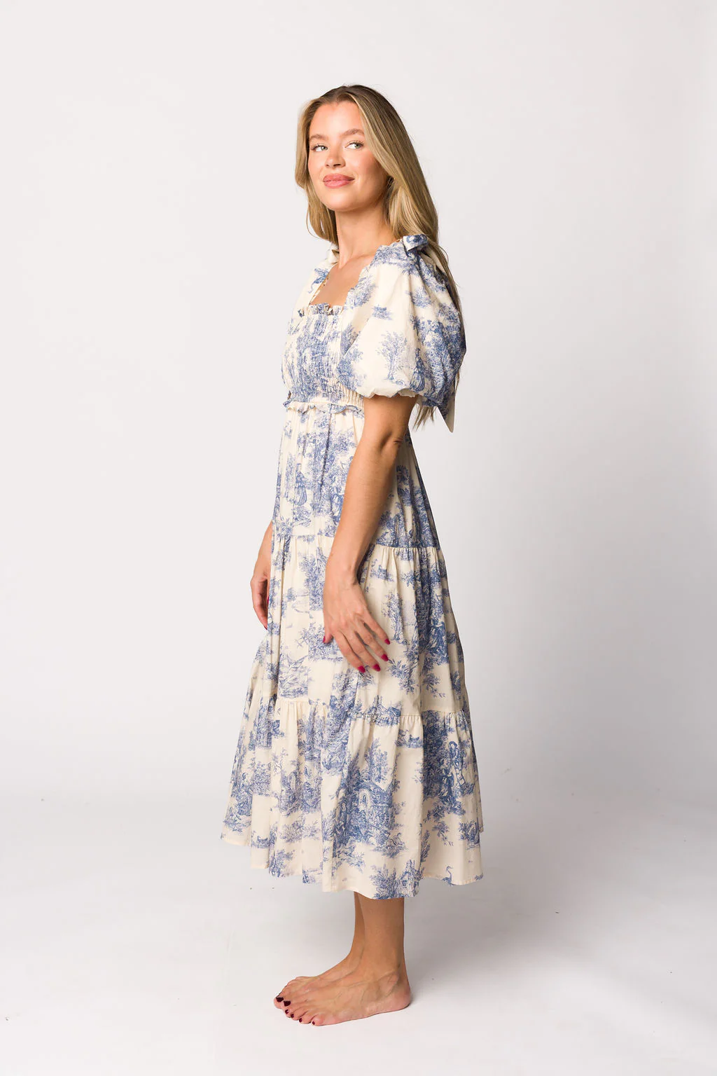 Elena 100% Cotton Toile Print Smocked Midi Dress in Blue - Bump Friendly - Image 6