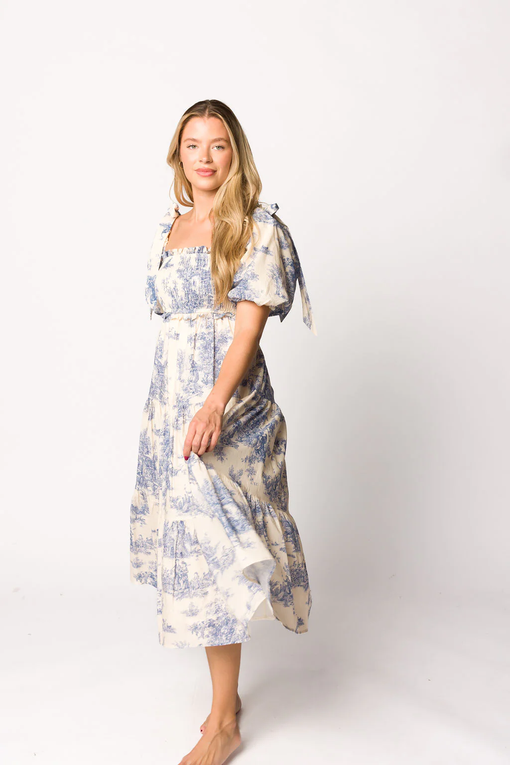 Elena 100% Cotton Toile Print Smocked Midi Dress in Blue - Bump Friendly - Image 8