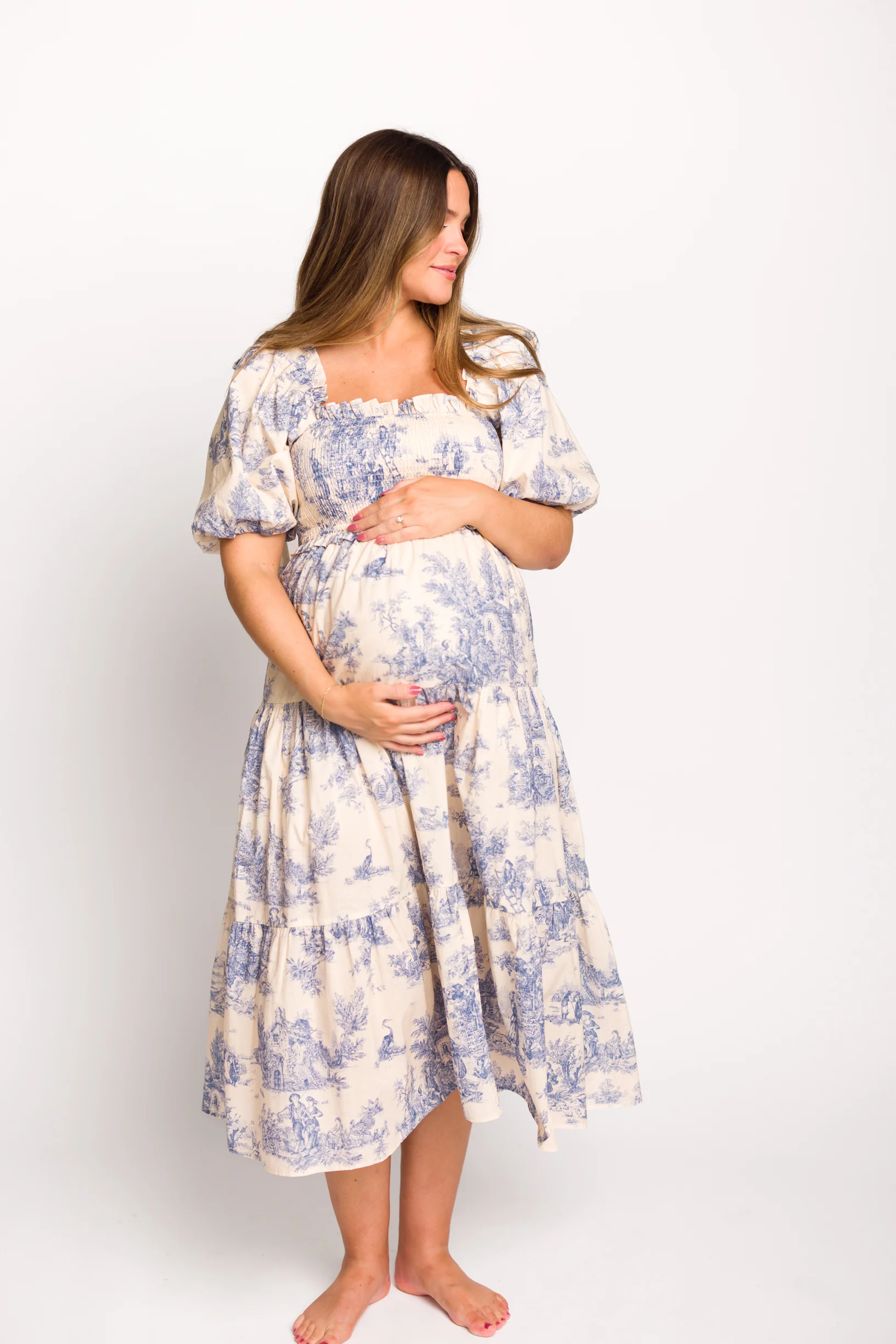 Elena 100% Cotton Toile Print Smocked Midi Dress in Blue - Bump Friendly - Image 9