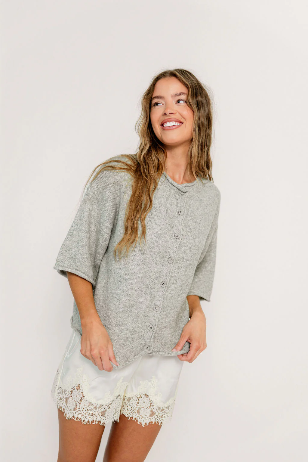 Juliette Short Sleeve Cardigan Top in Heather Grey