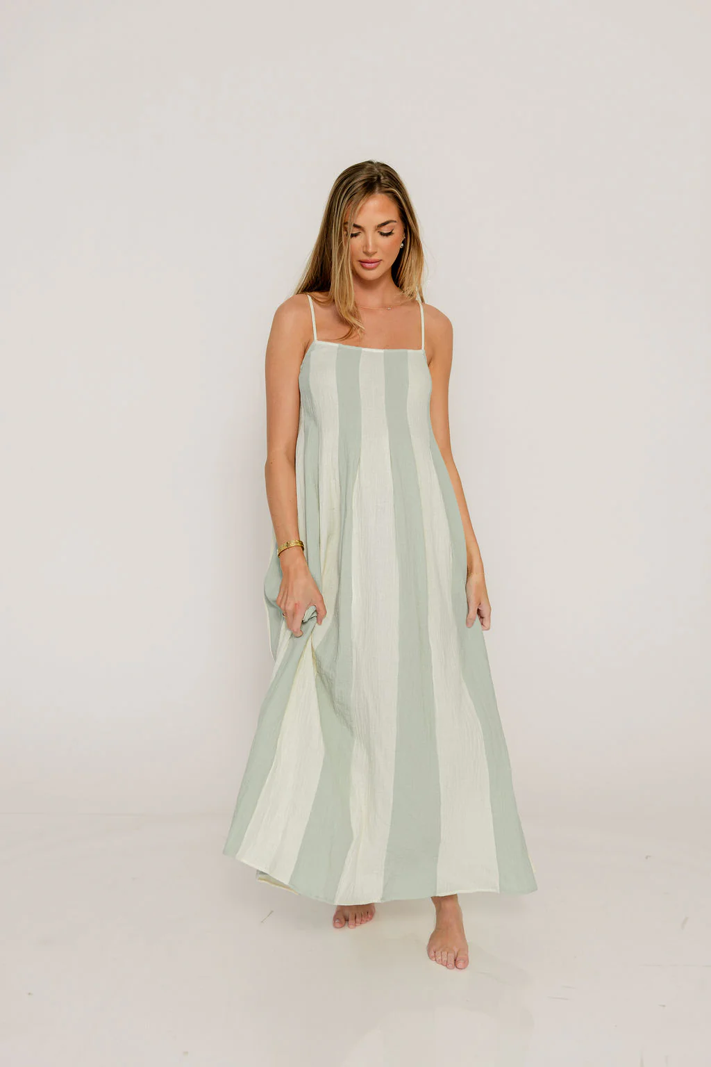 Tristan 100% Cotton Spaghetti Strap Maxi Dress in Cream Mint