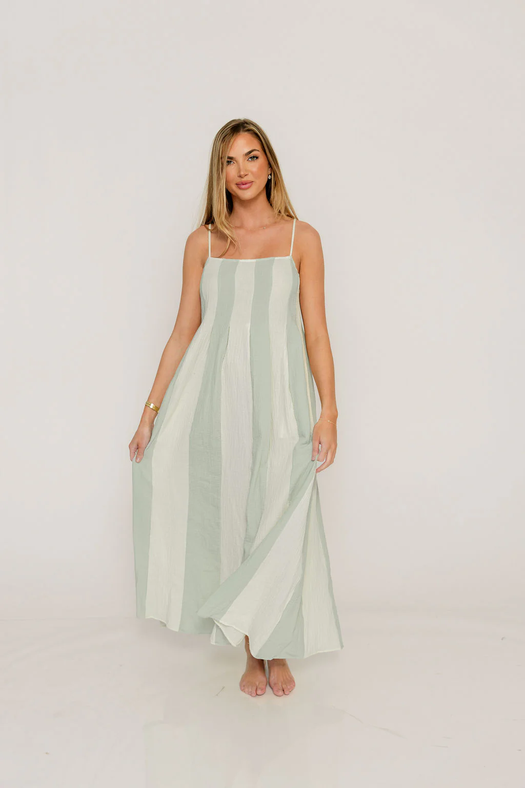 Tristan 100% Cotton Spaghetti Strap Maxi Dress in Cream Mint - Image 2