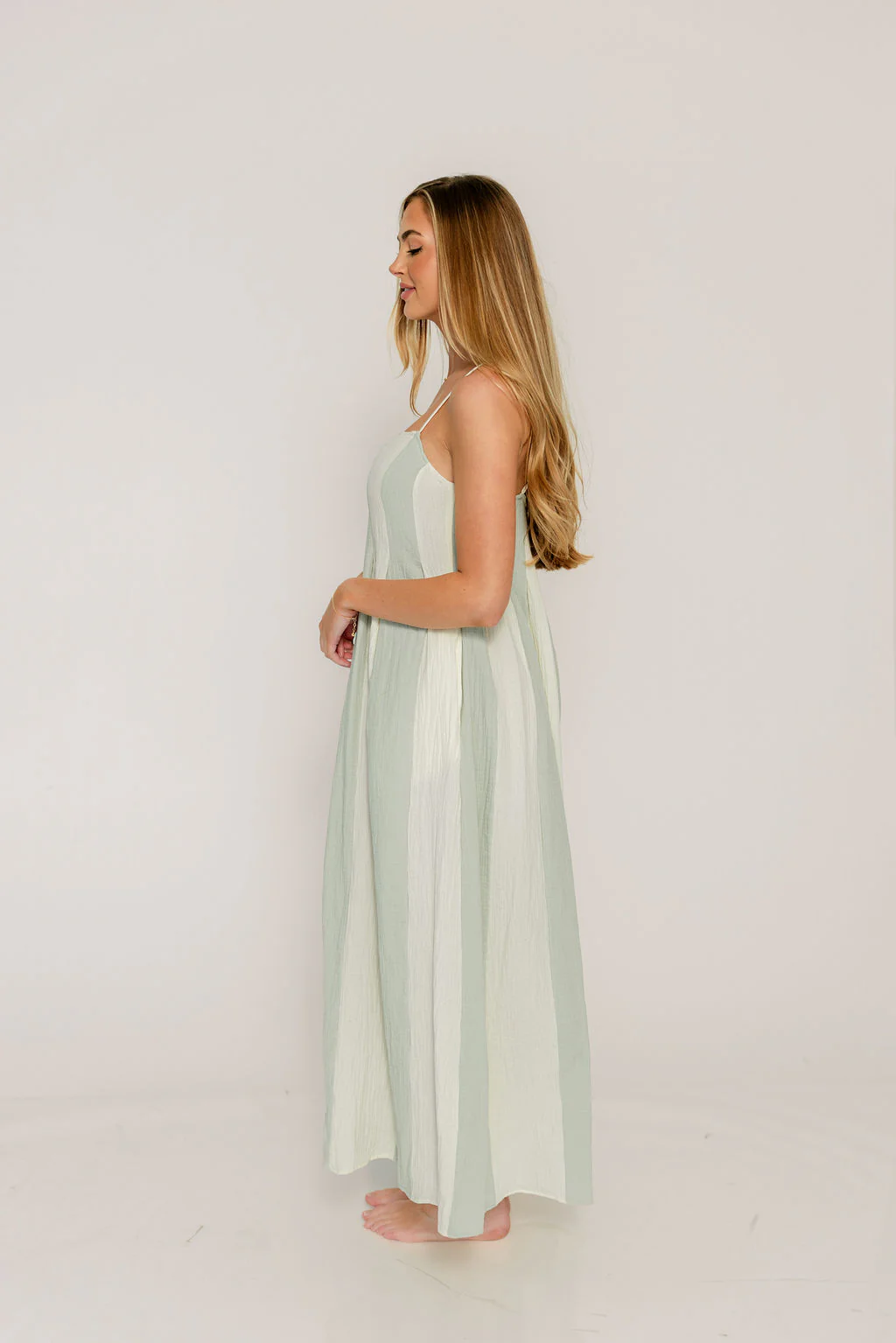 Tristan 100% Cotton Spaghetti Strap Maxi Dress in Cream Mint - Image 3