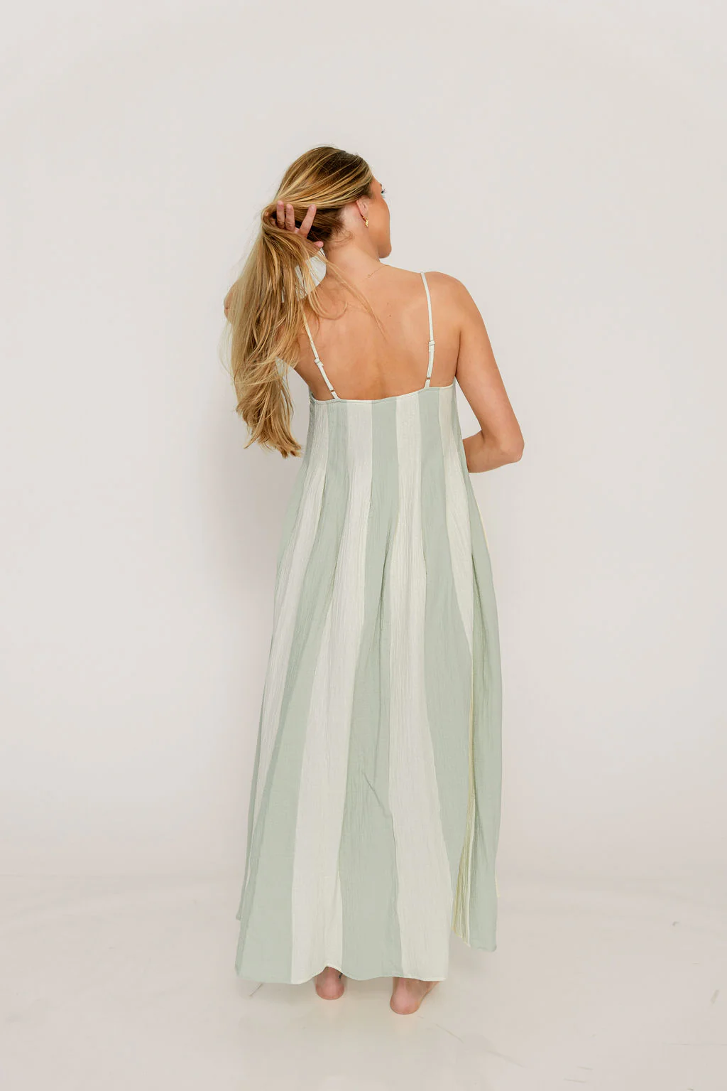 Tristan 100% Cotton Spaghetti Strap Maxi Dress in Cream Mint - Image 4