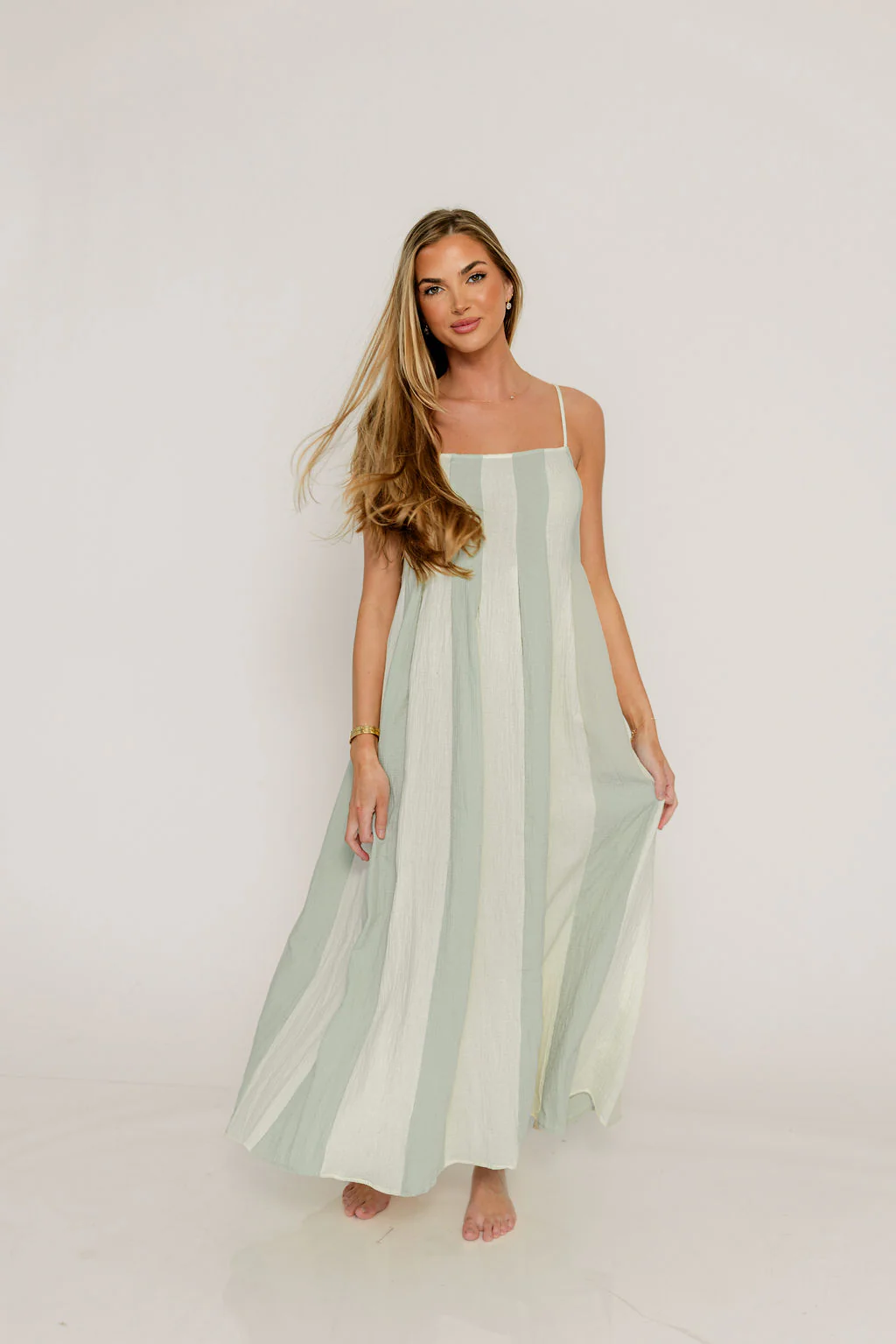 Tristan 100% Cotton Spaghetti Strap Maxi Dress in Cream Mint - Image 5
