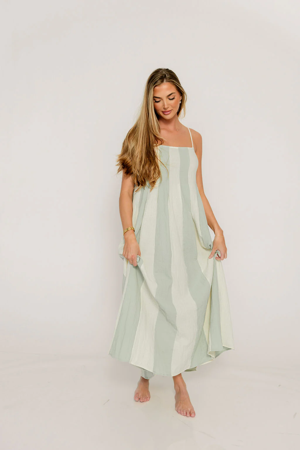 Tristan 100% Cotton Spaghetti Strap Maxi Dress in Cream Mint - Image 6