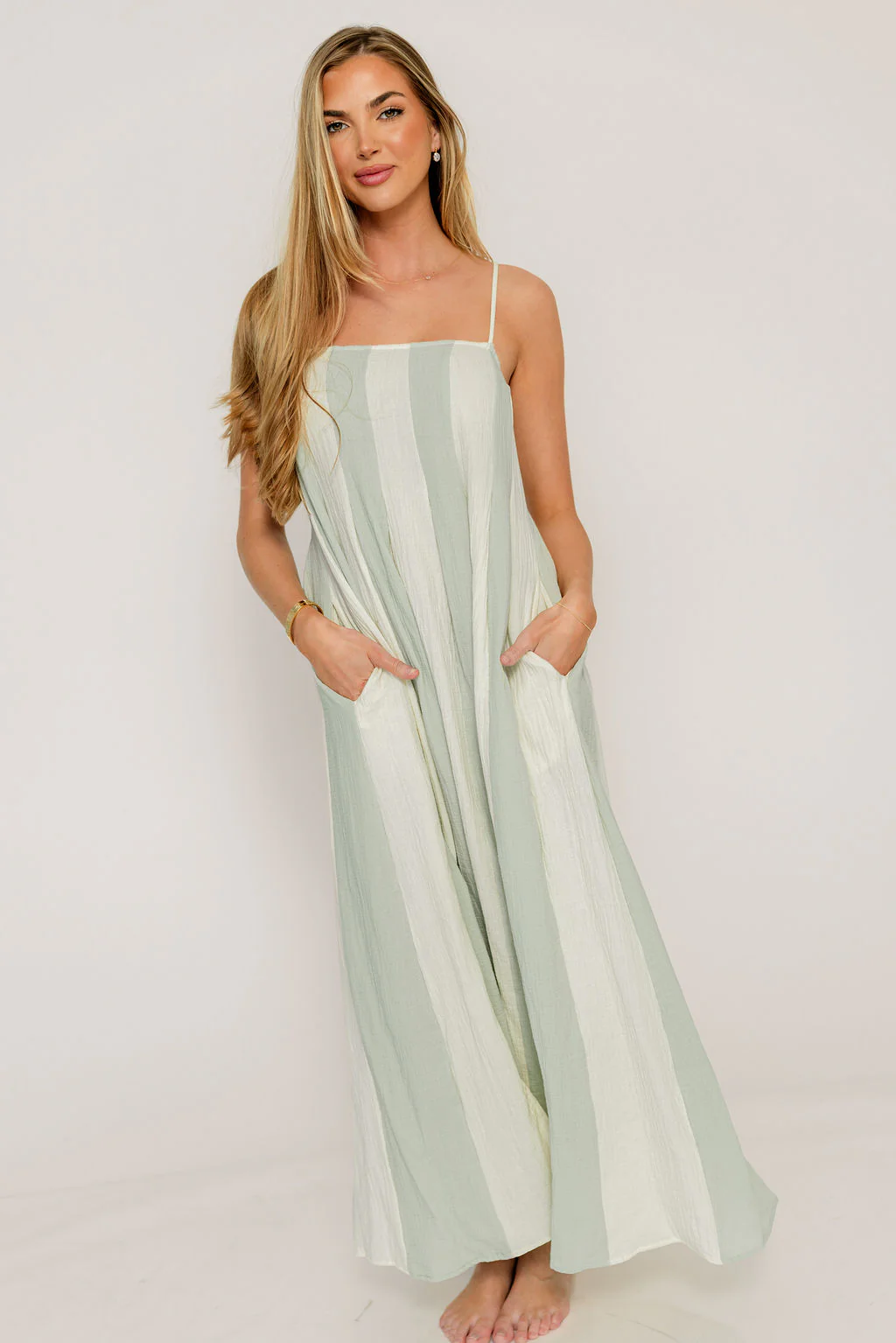 Tristan 100% Cotton Spaghetti Strap Maxi Dress in Cream Mint - Image 8