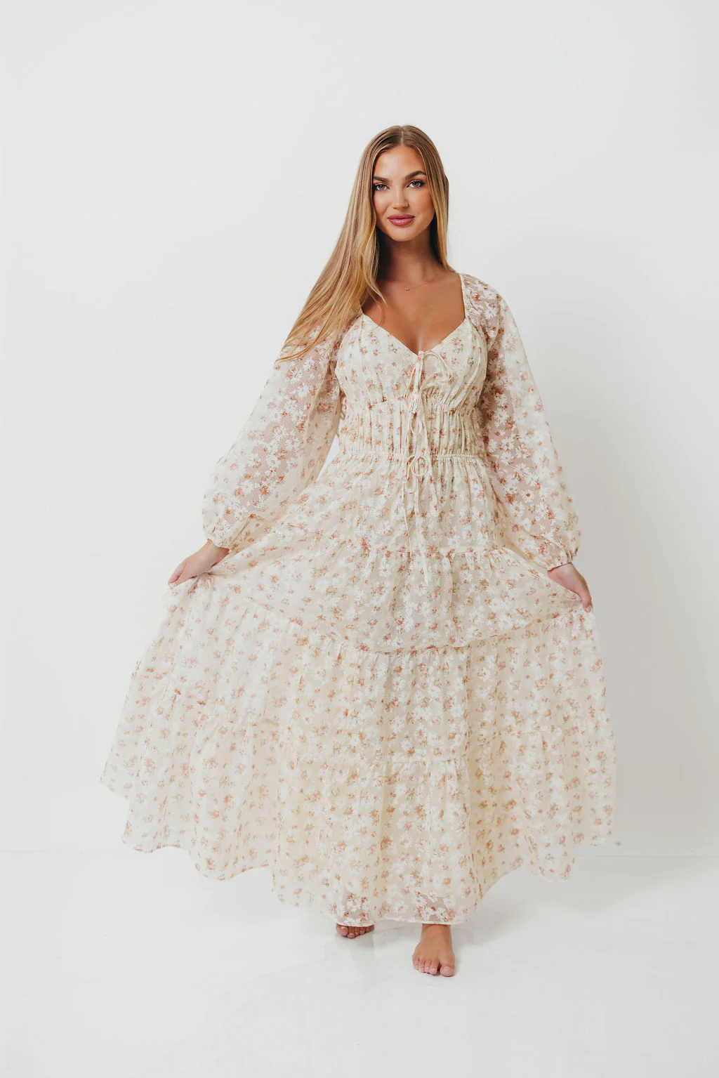 Macklynn V-Neck Long Sleeve Tier Maxi Dress in Cream/Orange Floral - Image 10