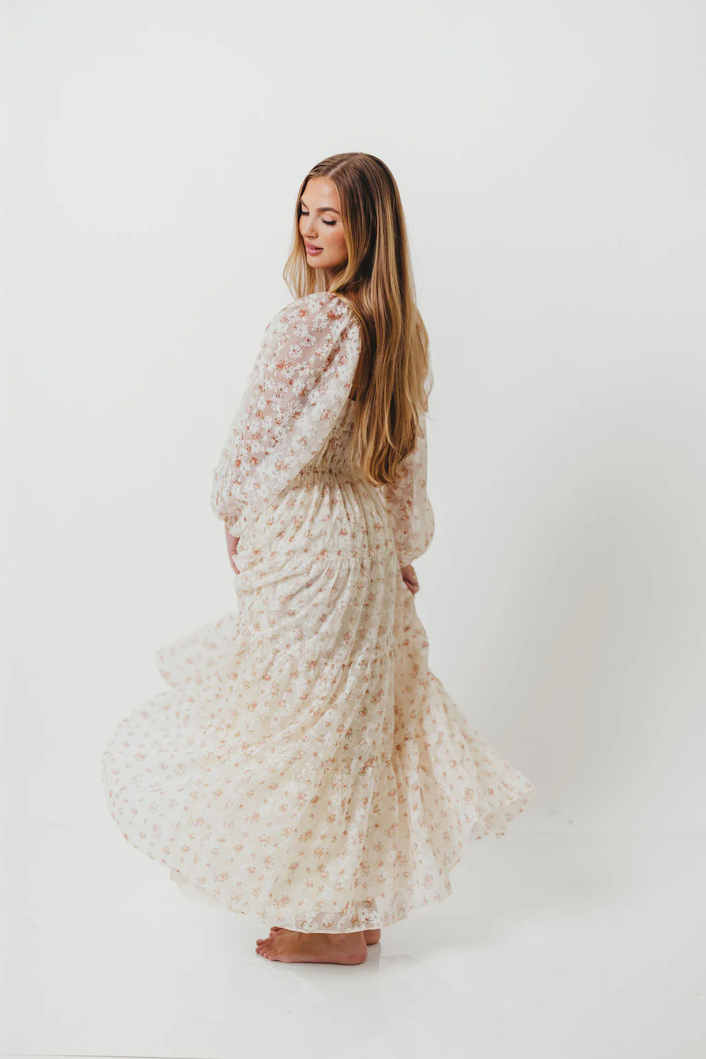 Macklynn V-Neck Long Sleeve Tier Maxi Dress in Cream/Orange Floral - Image 14