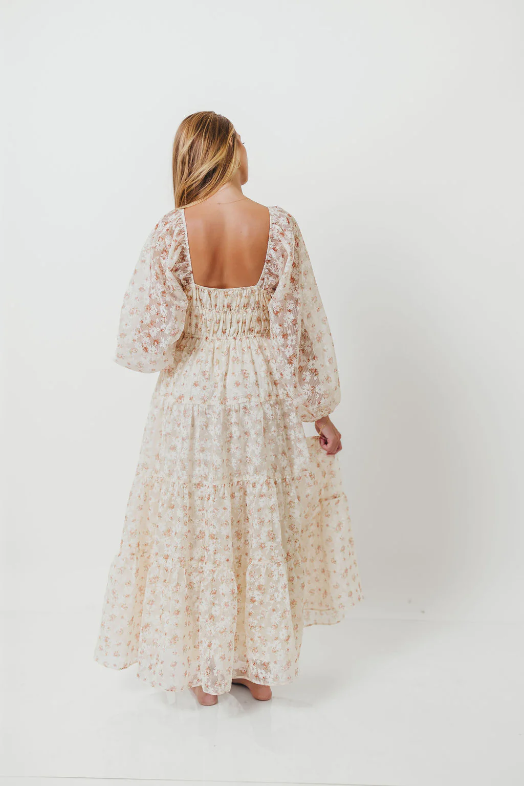 Macklynn V-Neck Long Sleeve Tier Maxi Dress in Cream/Orange Floral - Image 15
