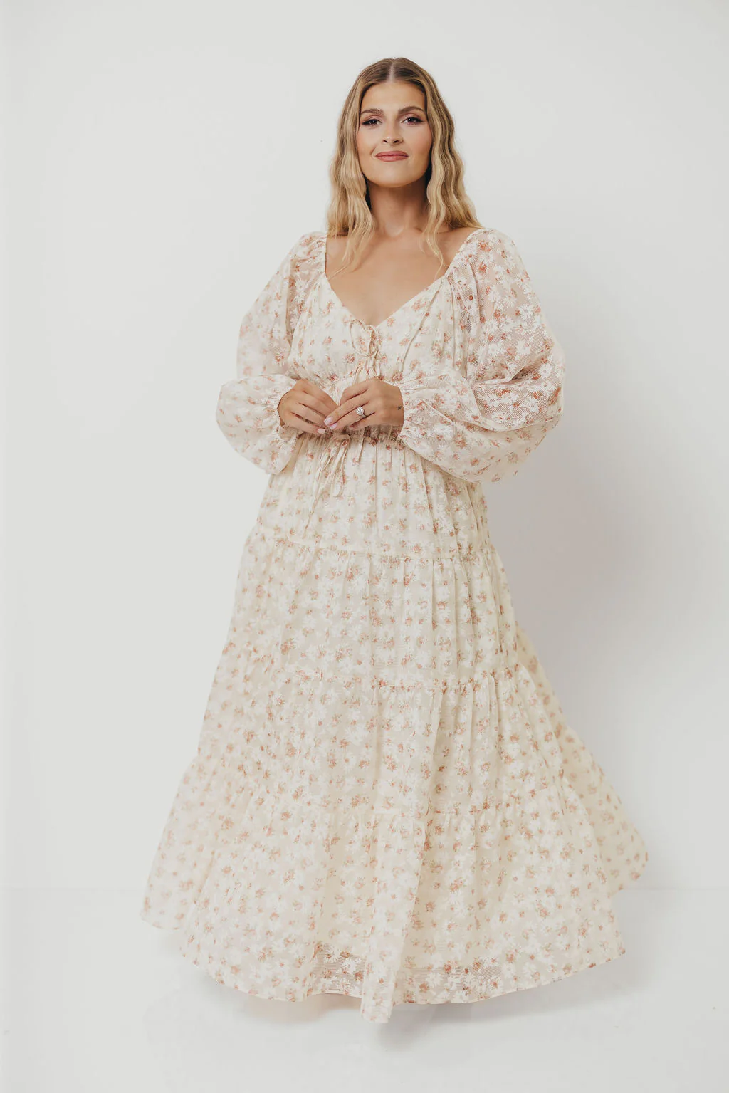 Macklynn V-Neck Long Sleeve Tier Maxi Dress in Cream/Orange Floral - Image 16