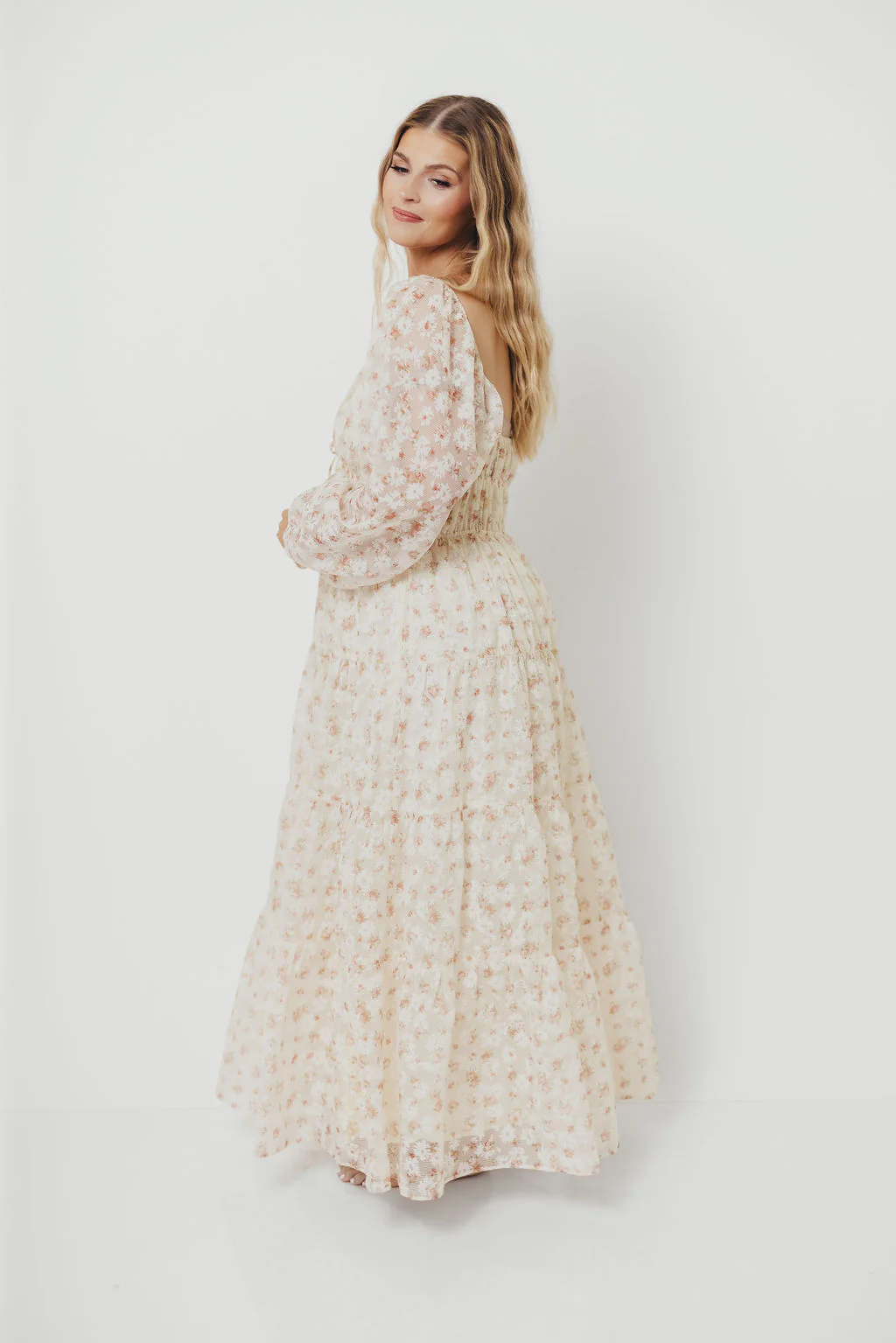 Macklynn V-Neck Long Sleeve Tier Maxi Dress in Cream/Orange Floral - Image 17