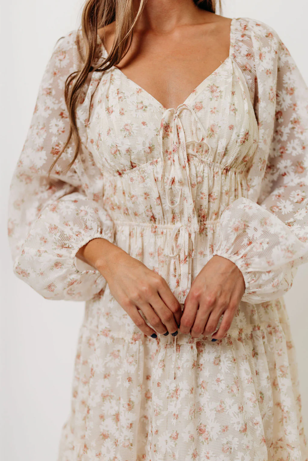 Macklynn V-Neck Long Sleeve Tier Maxi Dress in Cream/Orange Floral - Image 2