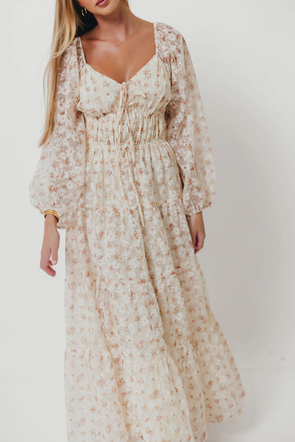 Macklynn V-Neck Long Sleeve Tier Maxi Dress in Cream/Orange Floral - Image 3