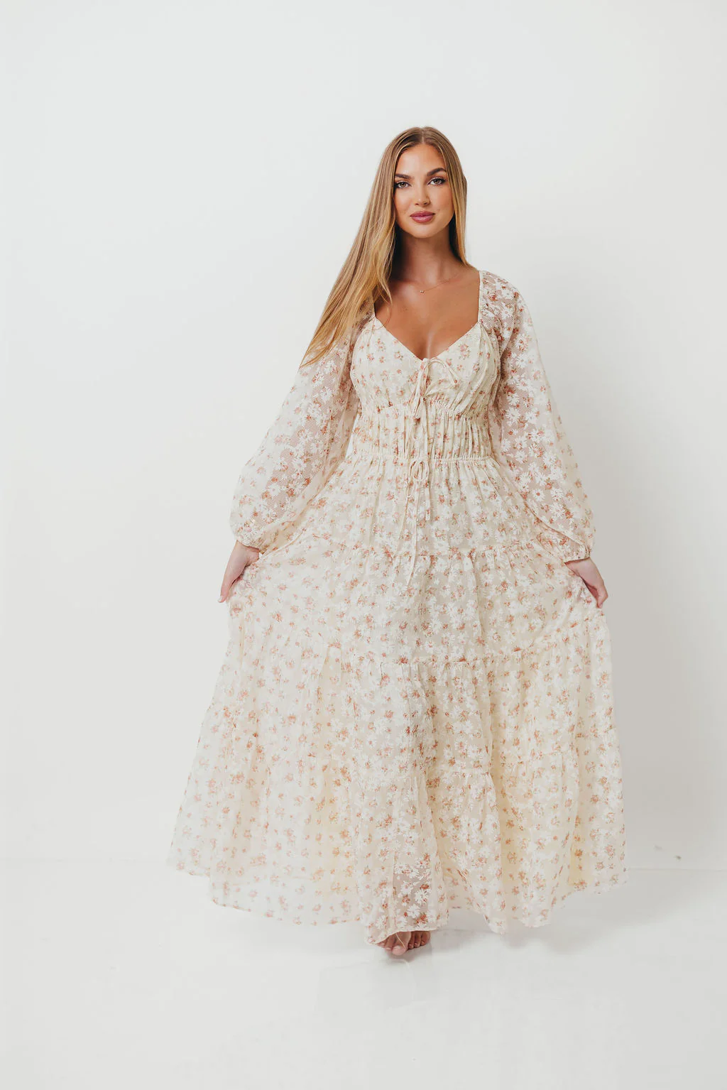 Macklynn V-Neck Long Sleeve Tier Maxi Dress in Cream/Orange Floral - Image 4