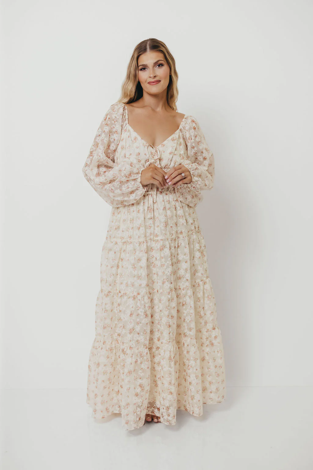 Macklynn V-Neck Long Sleeve Tier Maxi Dress in Cream/Orange Floral - Image 5