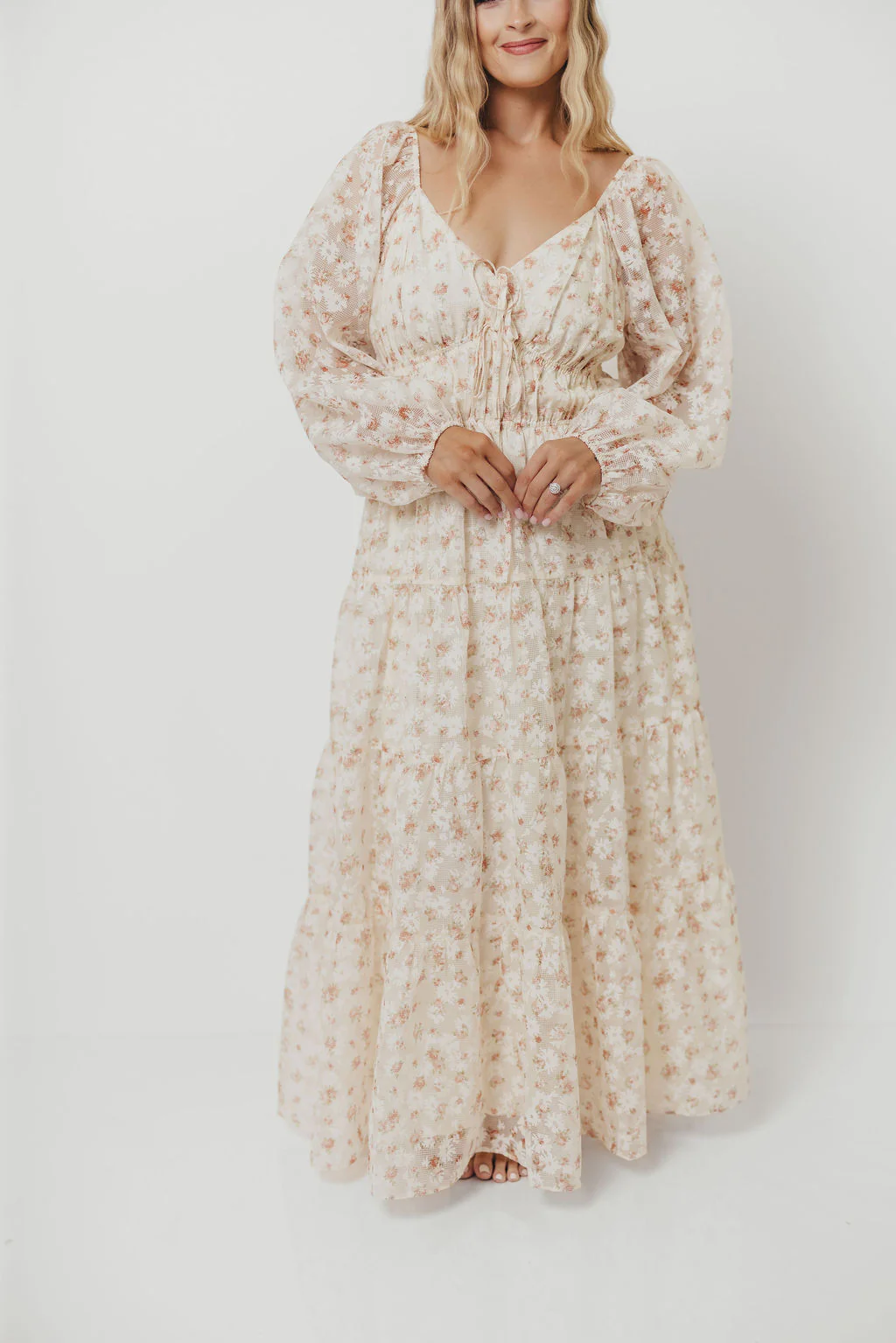 Macklynn V-Neck Long Sleeve Tier Maxi Dress in Cream/Orange Floral - Image 6
