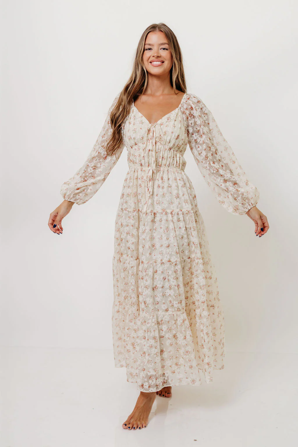 Macklynn V-Neck Long Sleeve Tier Maxi Dress in Cream/Orange Floral - Image 7