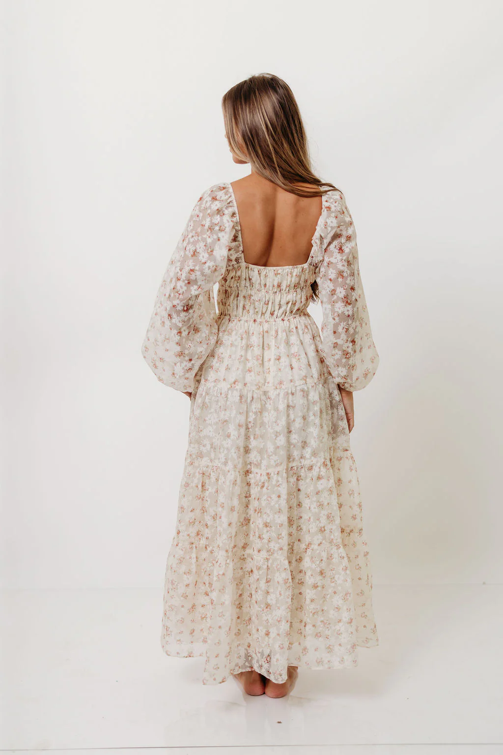Macklynn V-Neck Long Sleeve Tier Maxi Dress in Cream/Orange Floral - Image 9