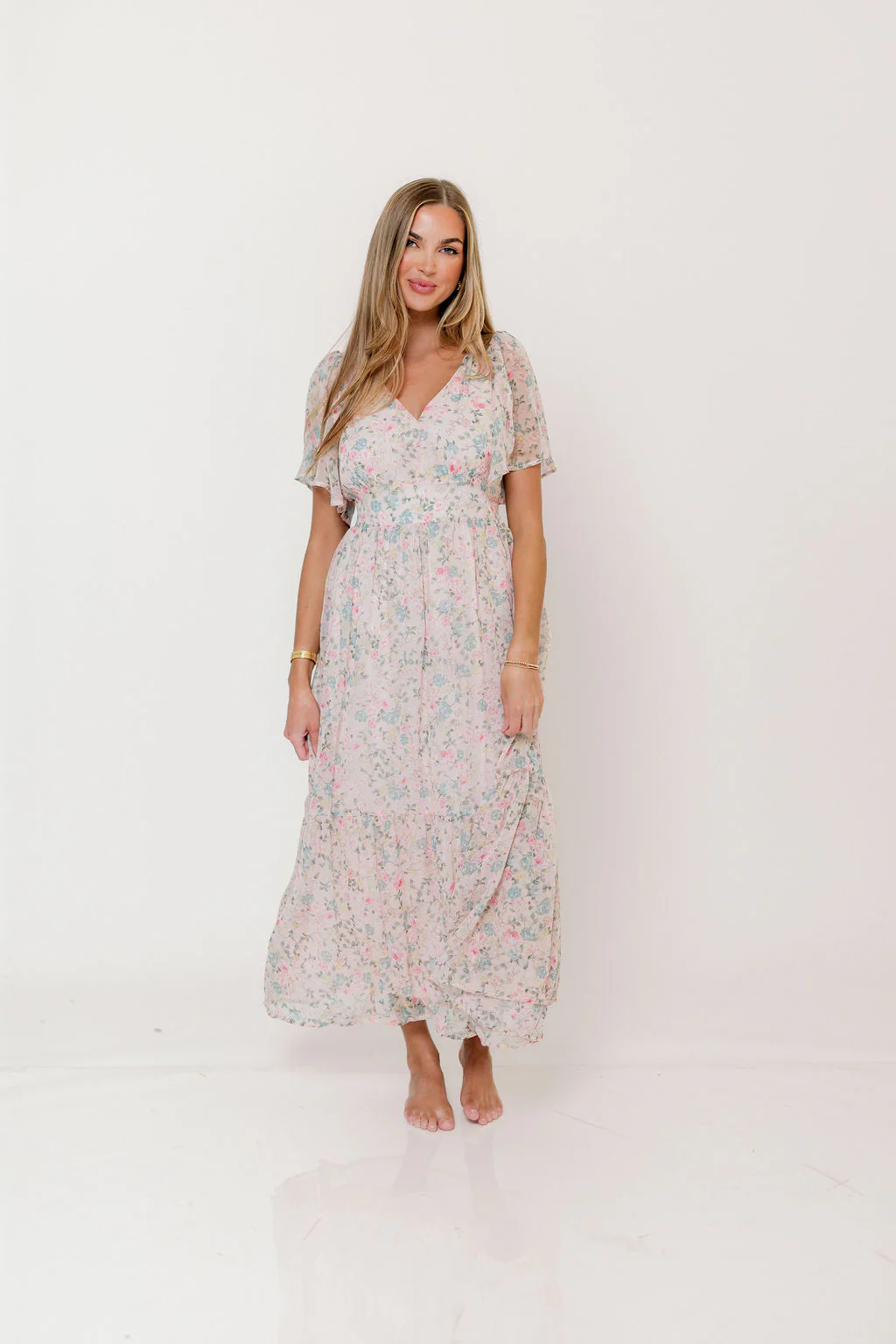 Val Flutter Sleeve Maxi Dress in Sweet Pink Floral
