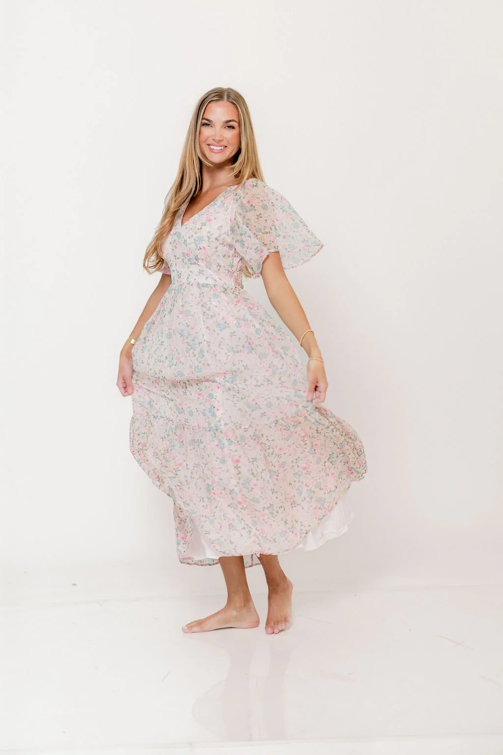 Val Flutter Sleeve Maxi Dress in Sweet Pink Floral - Image 10