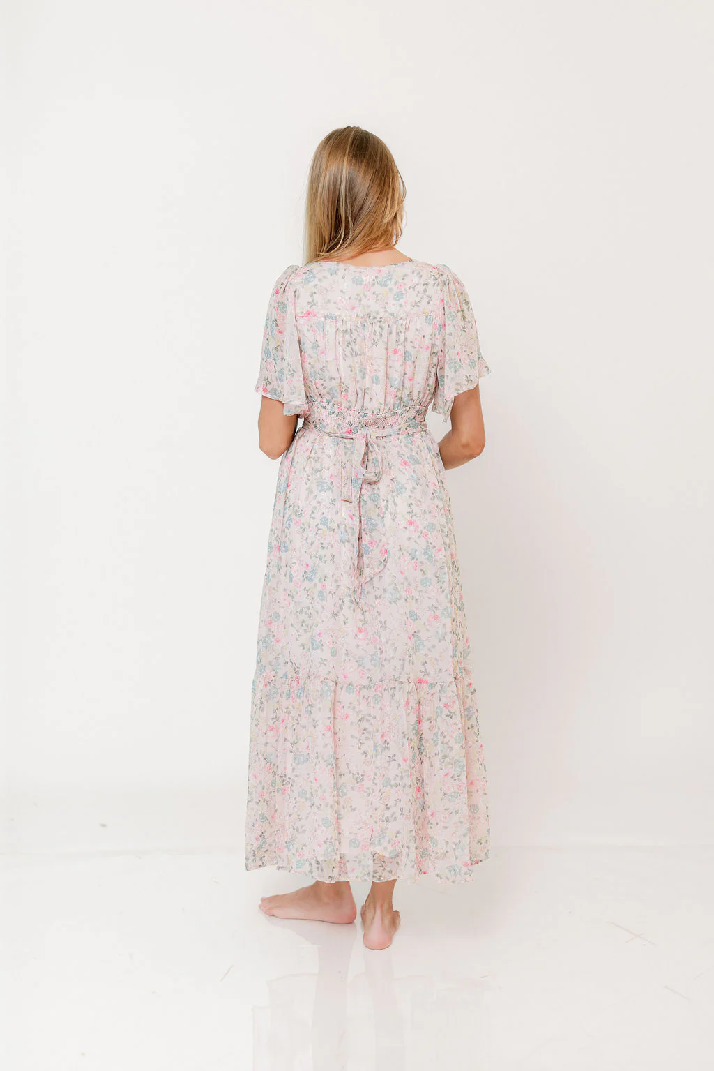 Val Flutter Sleeve Maxi Dress in Sweet Pink Floral - Image 12