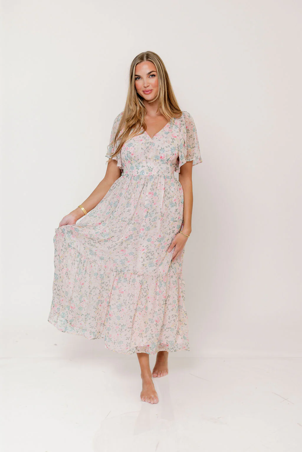 Val Flutter Sleeve Maxi Dress in Sweet Pink Floral - Image 2