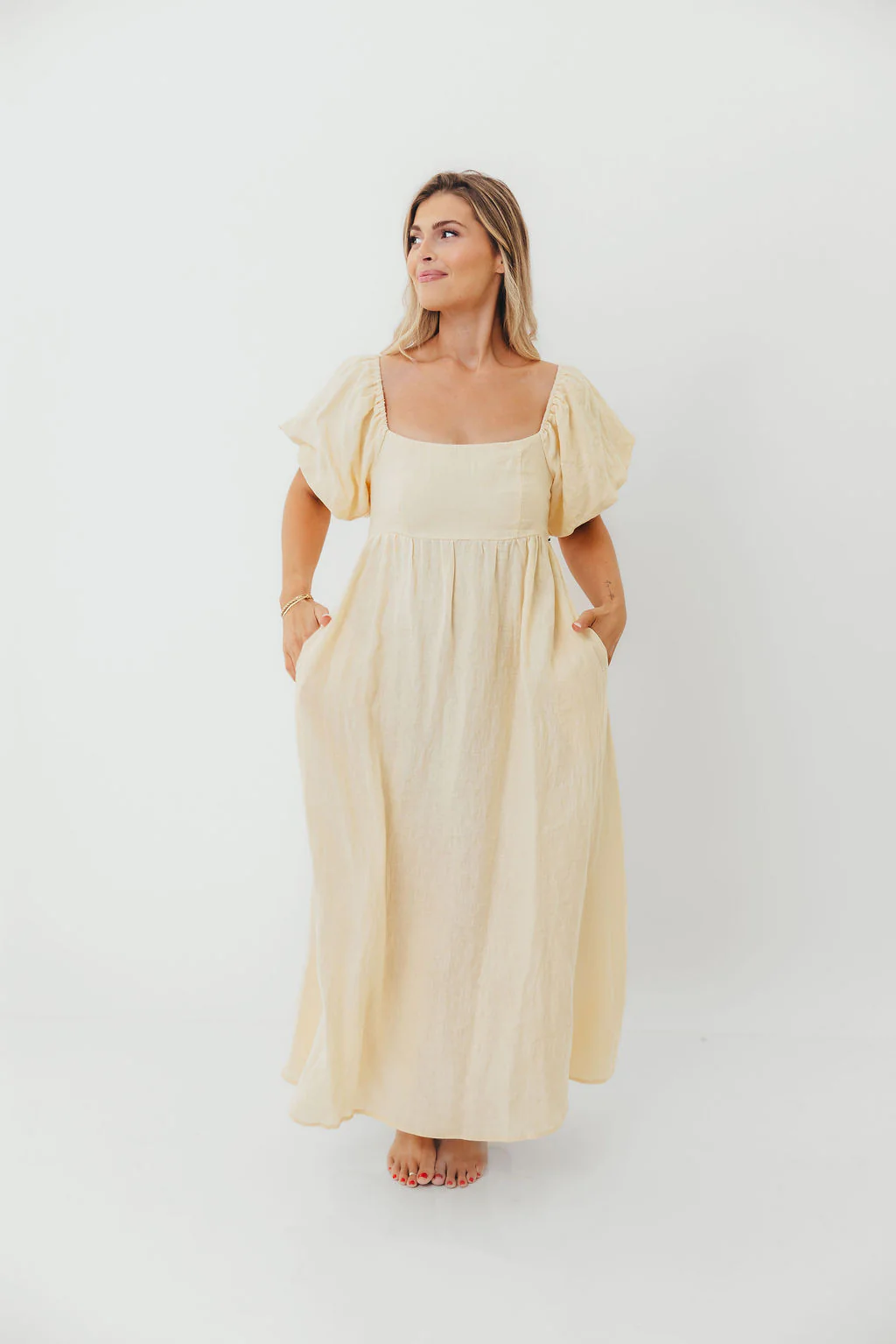 Candace Woven 100% Linen Maxi Dress in Soft Yellow - Bump Friendly - Image 14