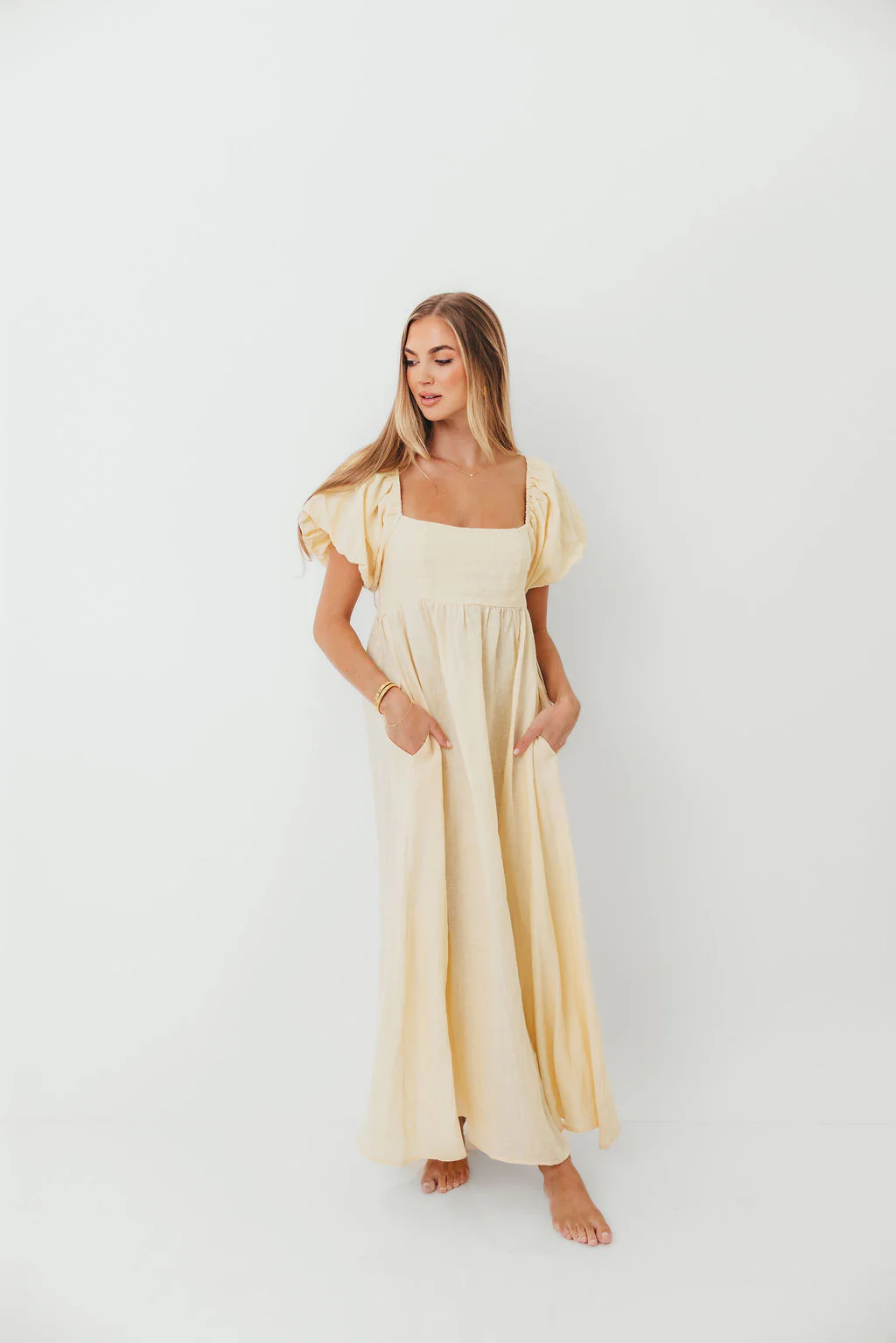 Candace Woven 100% Linen Maxi Dress in Soft Yellow - Bump Friendly - Image 2