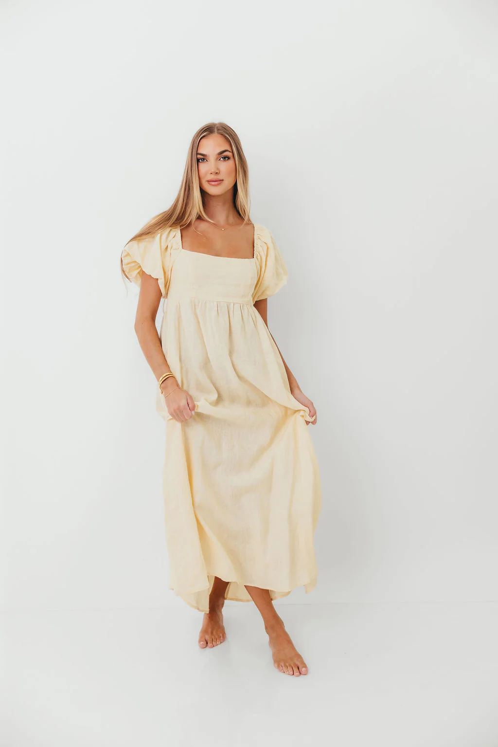 Candace Woven 100% Linen Maxi Dress in Soft Yellow - Bump Friendly - Image 4
