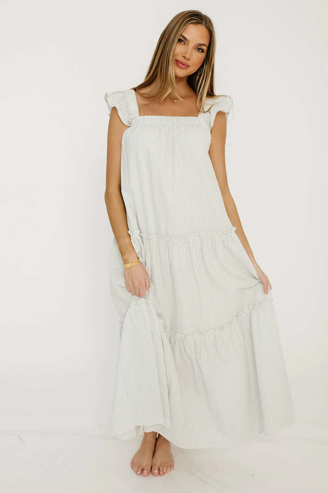 Vivian Striped Tiered Midi Dress in Ivory/Sky - Image 3