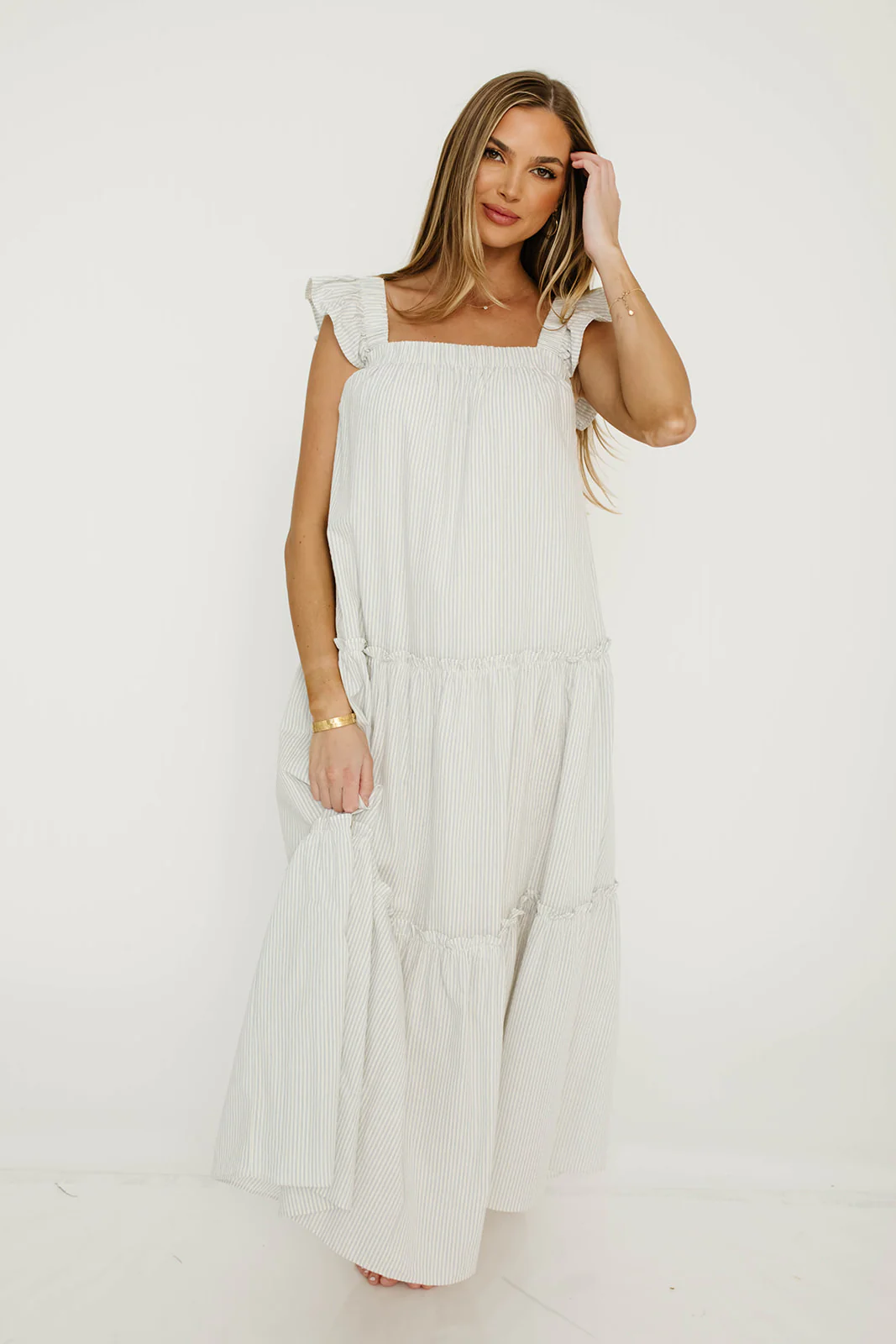 Vivian Striped Tiered Midi Dress in Ivory/Sky - Image 4