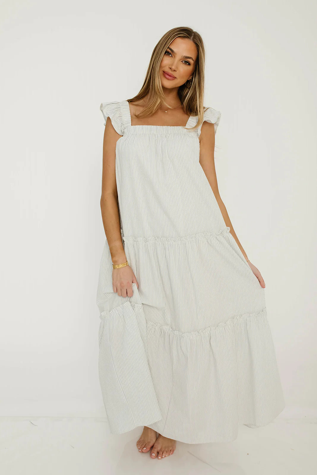 Vivian Striped Tiered Midi Dress in Ivory/Sky - Image 5