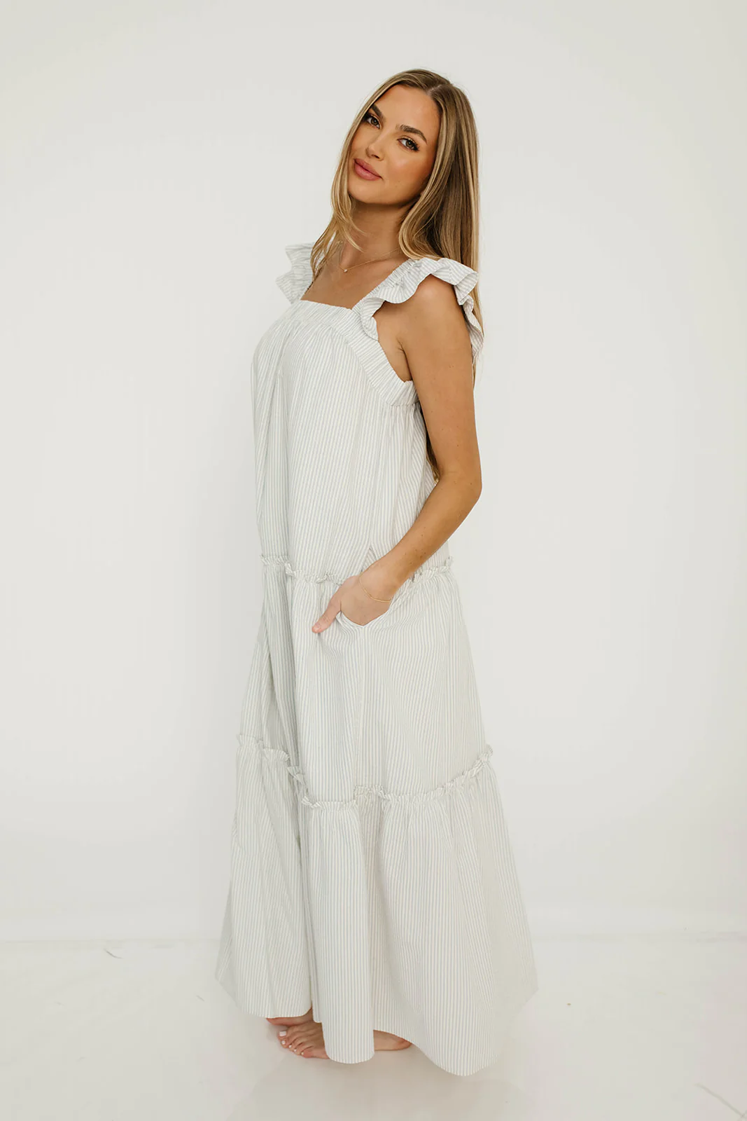 Vivian Striped Tiered Midi Dress in Ivory/Sky - Image 6