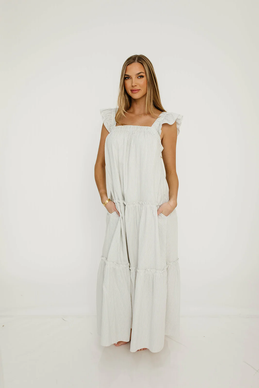 Vivian Striped Tiered Midi Dress in Ivory/Sky - Image 7