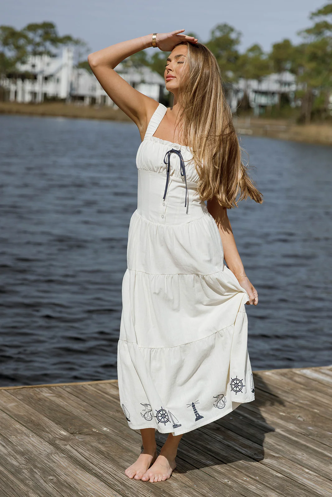 Ariel Nautical Tie Maxi Dress in Off White
