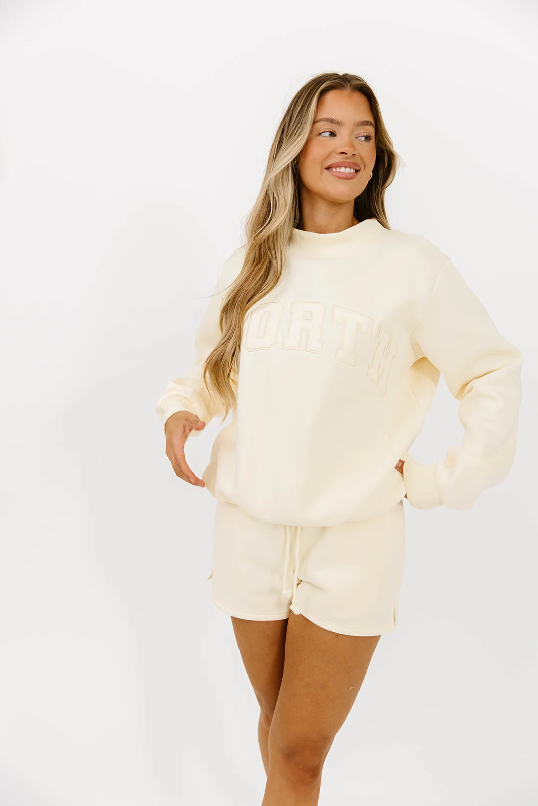 WORTH Tone On Tone Embroidered Mockneck Sweatshirt in Toasted Cream *Final Sale* - Image 11