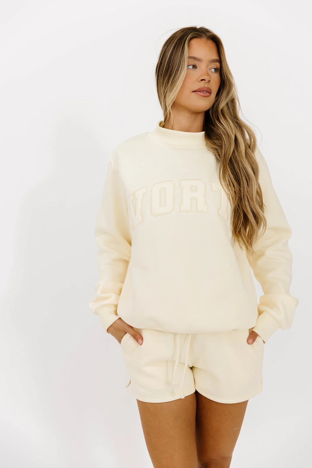 WORTH Tone On Tone Embroidered Mockneck Sweatshirt in Toasted Cream *Final Sale* - Image 6