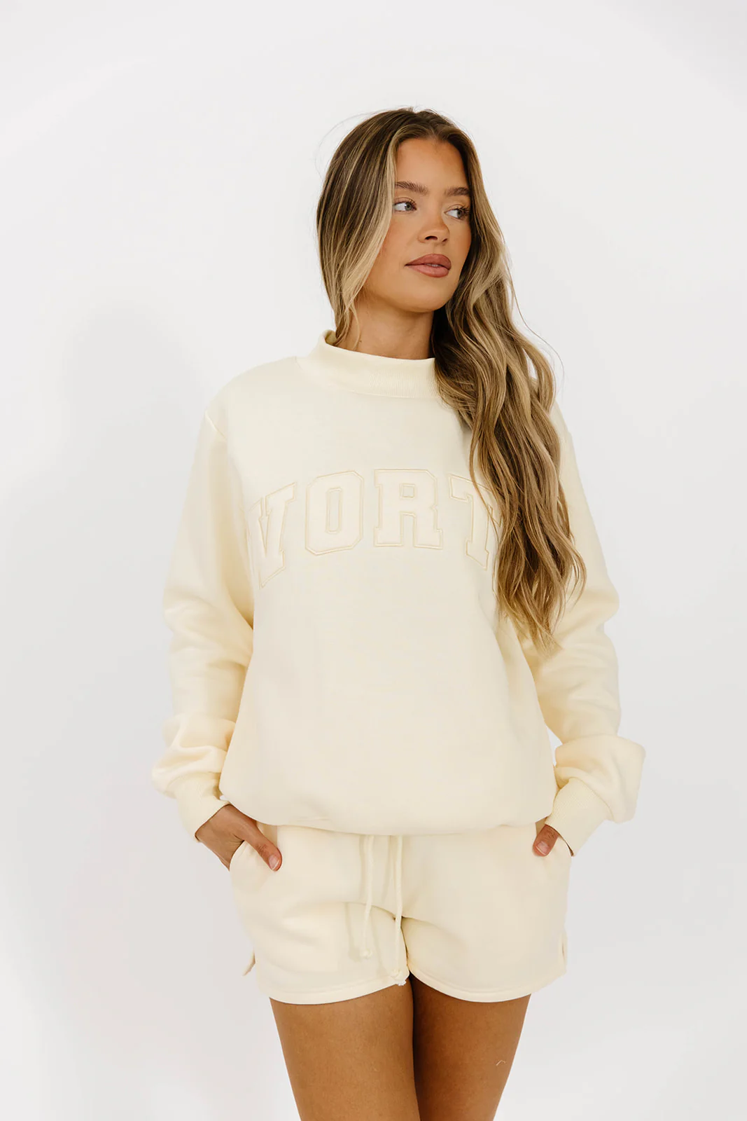 WORTH Tone On Tone Embroidered Mockneck Sweatshirt in Toasted Cream *Final Sale* - Image 7