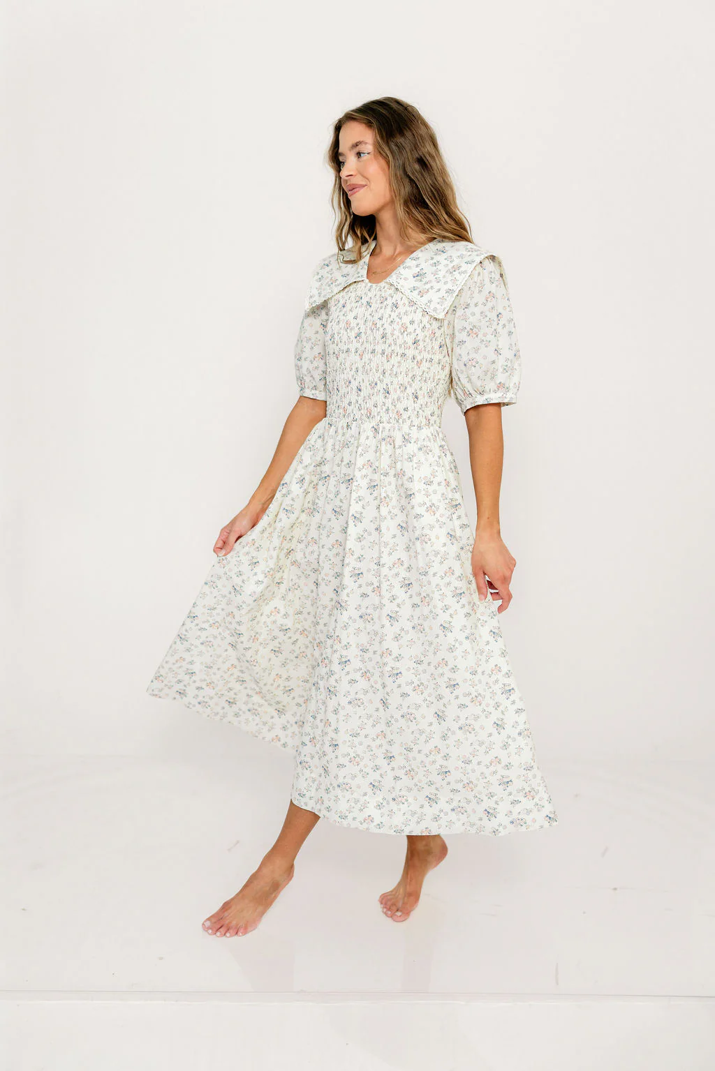 Wray Oversized Collar Smocked Midi Dress in Ivory - Image 3
