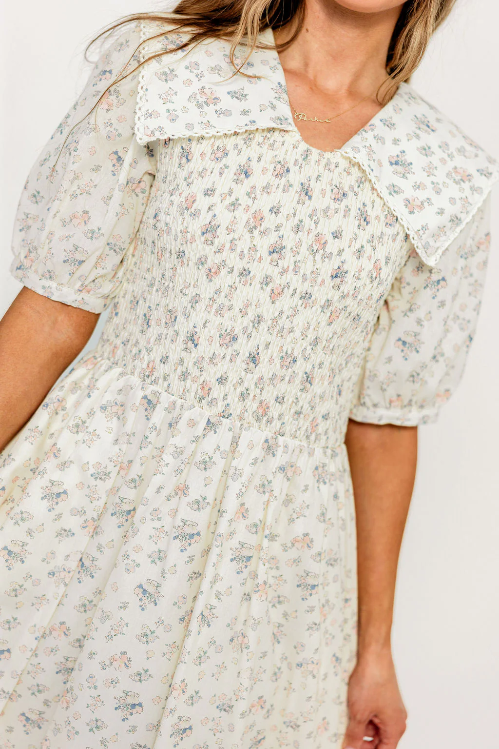Wray Oversized Collar Smocked Midi Dress in Ivory - Image 4