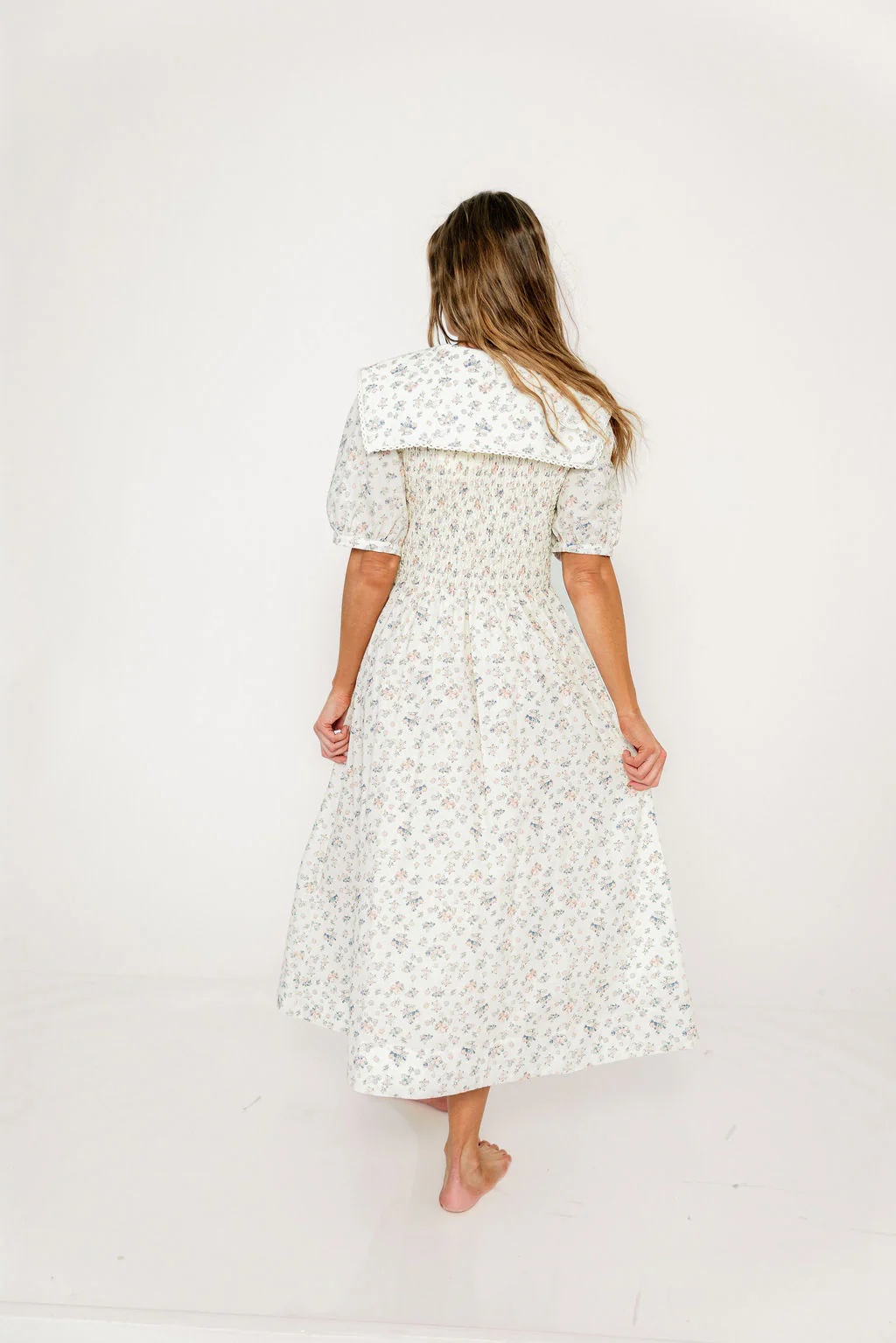 Wray Oversized Collar Smocked Midi Dress in Ivory - Image 5