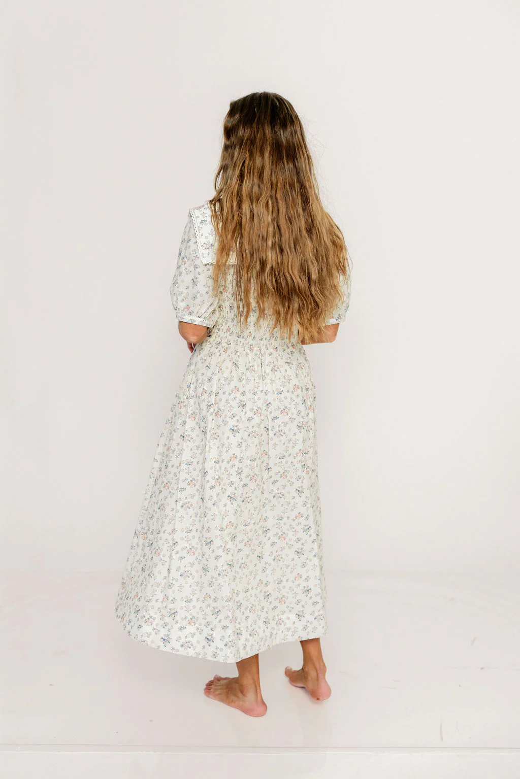 Wray Oversized Collar Smocked Midi Dress in Ivory - Image 6