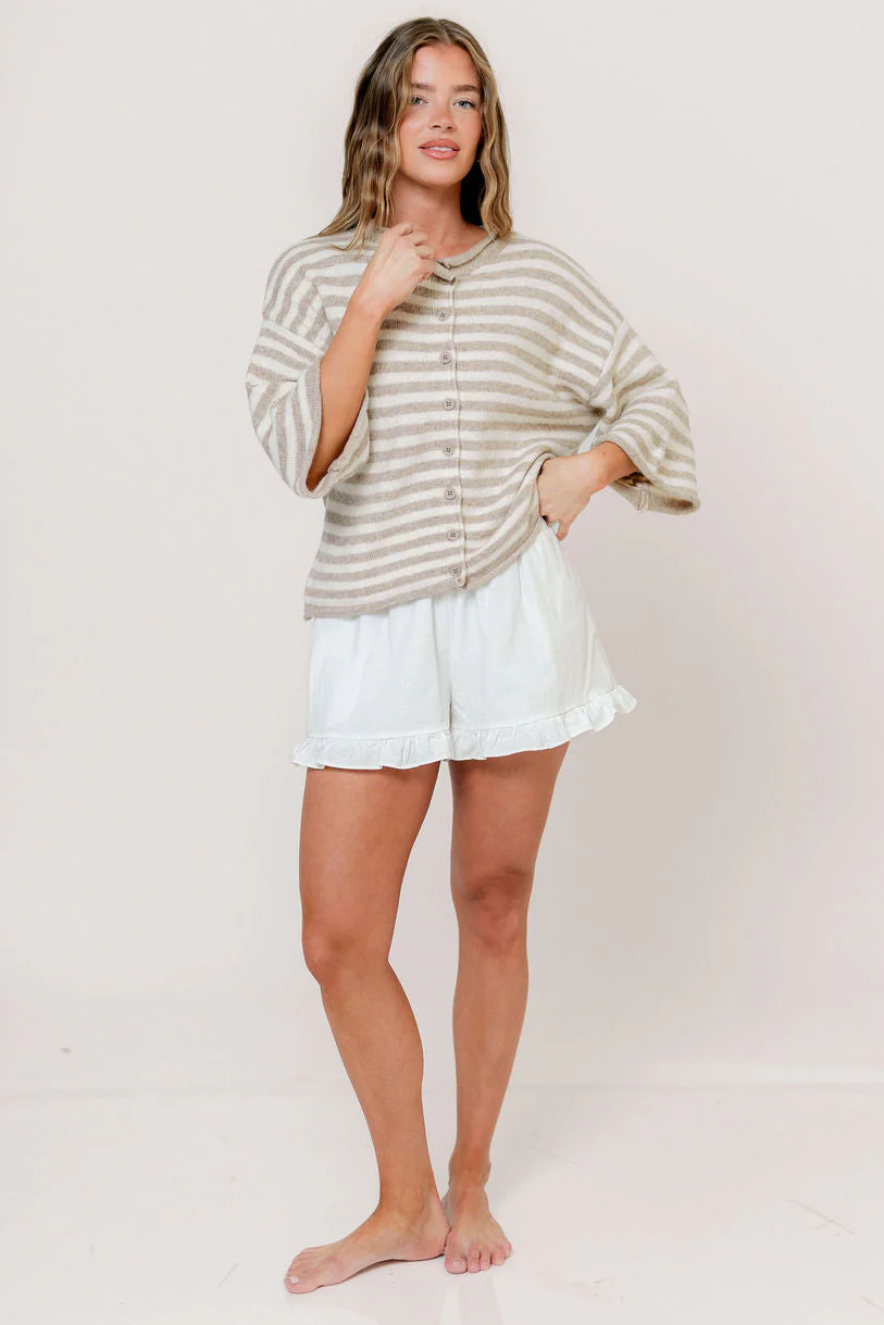 Imogen Striped 3/4 Sleeve Cardigan Top in Taupe Cream