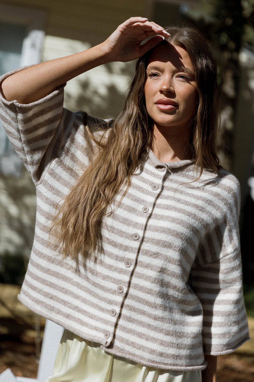 Imogen Striped 3/4 Sleeve Cardigan Top in Taupe Cream - Image 5