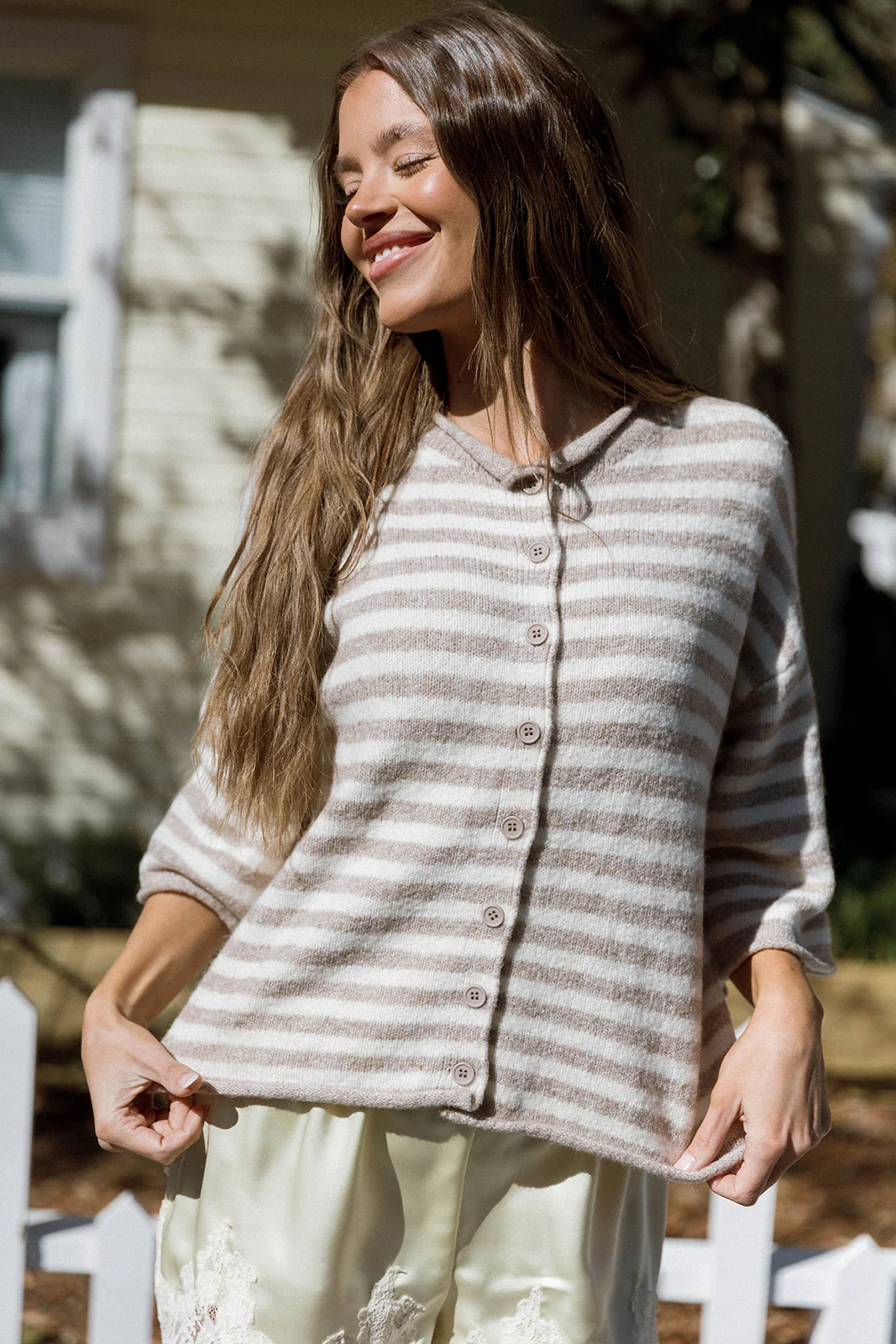 Imogen Striped 3/4 Sleeve Cardigan Top in Taupe Cream - Image 6