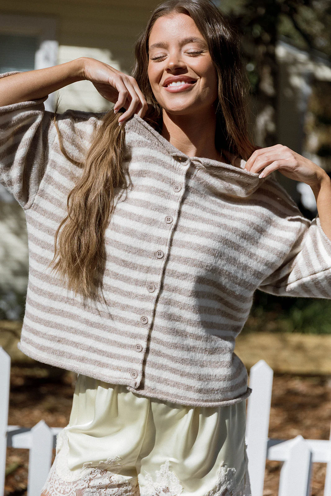 Imogen Striped 3/4 Sleeve Cardigan Top in Taupe Cream - Image 7